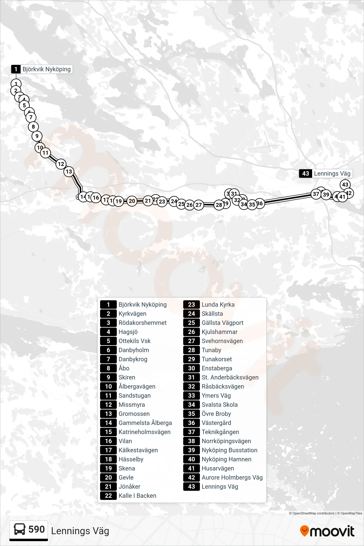 Rutt och hållplatser på karta för linje 590 buss, (Lennings Väg)