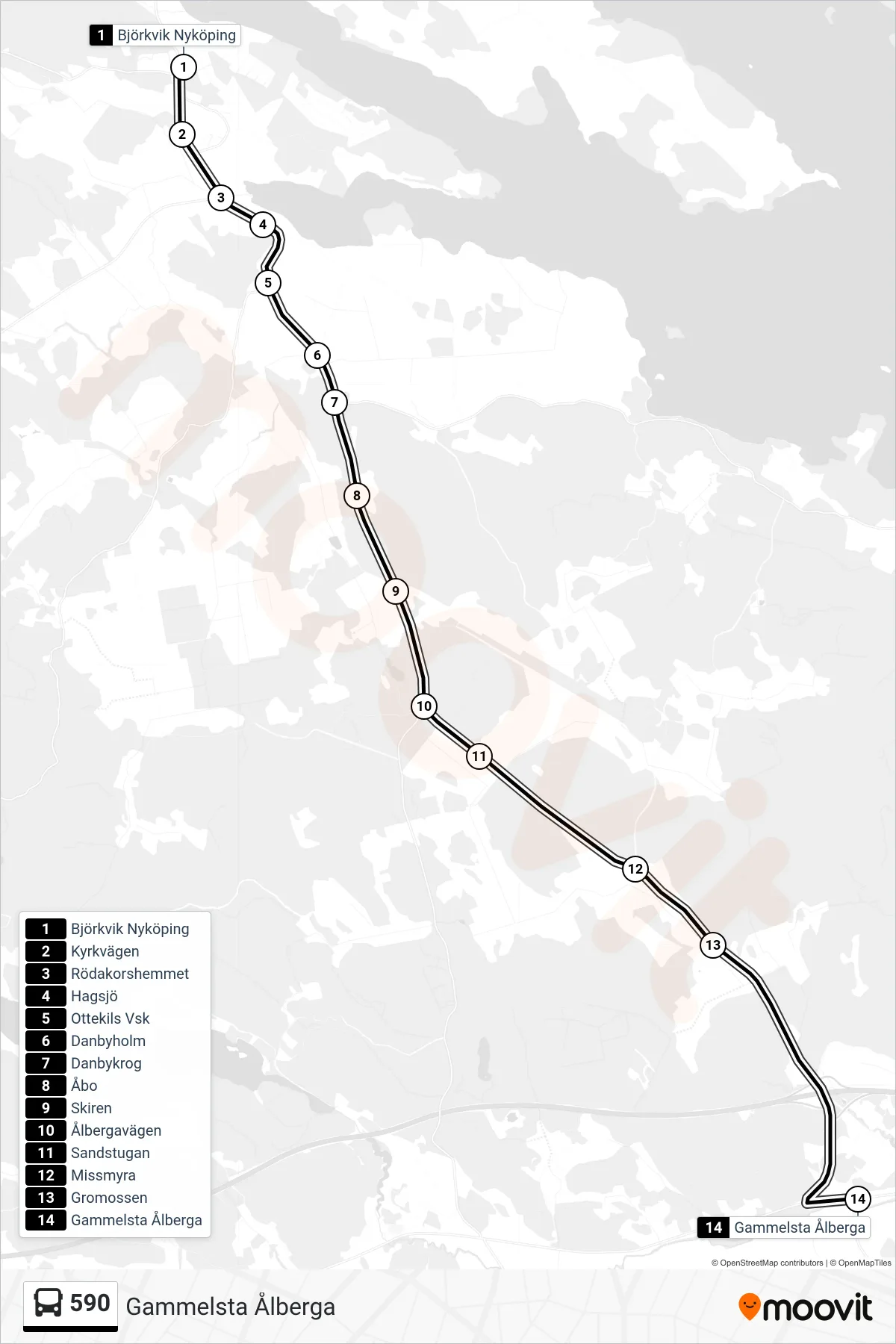 Rutt och hållplatser på karta för linje 590 buss, (Gammelsta Ålberga)