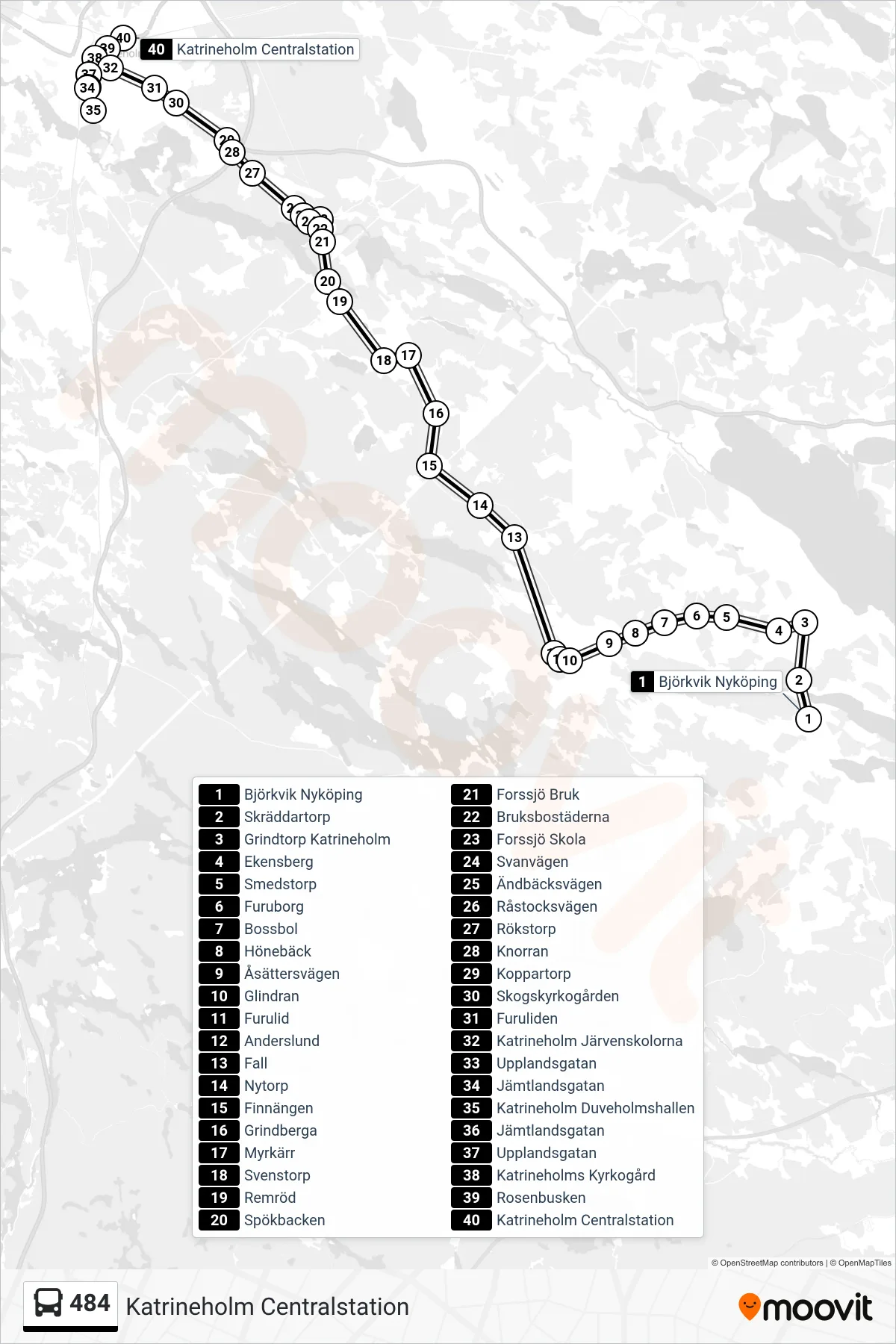 Rutt och hållplatser på karta för linje 484  buss, (Katrineholm Centralstation)
