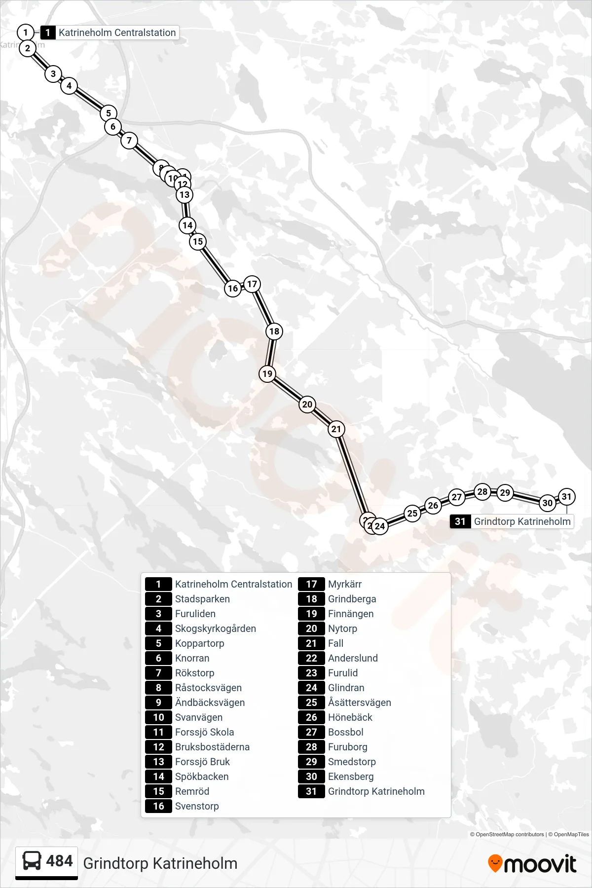 Rutt och hållplatser på karta för linje 484 buss, (Grindtorp Katrineholm)