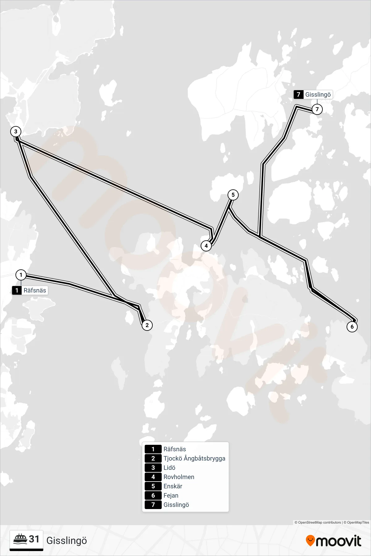 Rutt och hållplatser på karta för linje 31 färja, (Gisslingö)