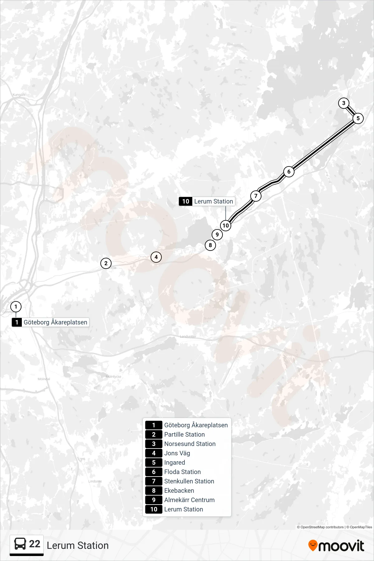 Rutt och hållplatser på karta för linje 22  spårvagn, (Lerum Station)