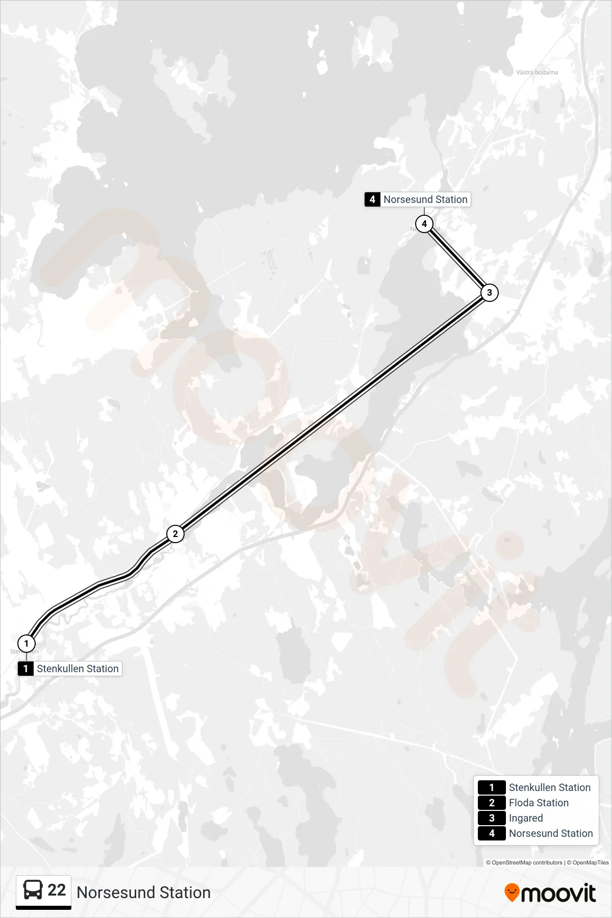 Rutt och hållplatser på karta för linje 22  spårvagn, (Norsesund Station)