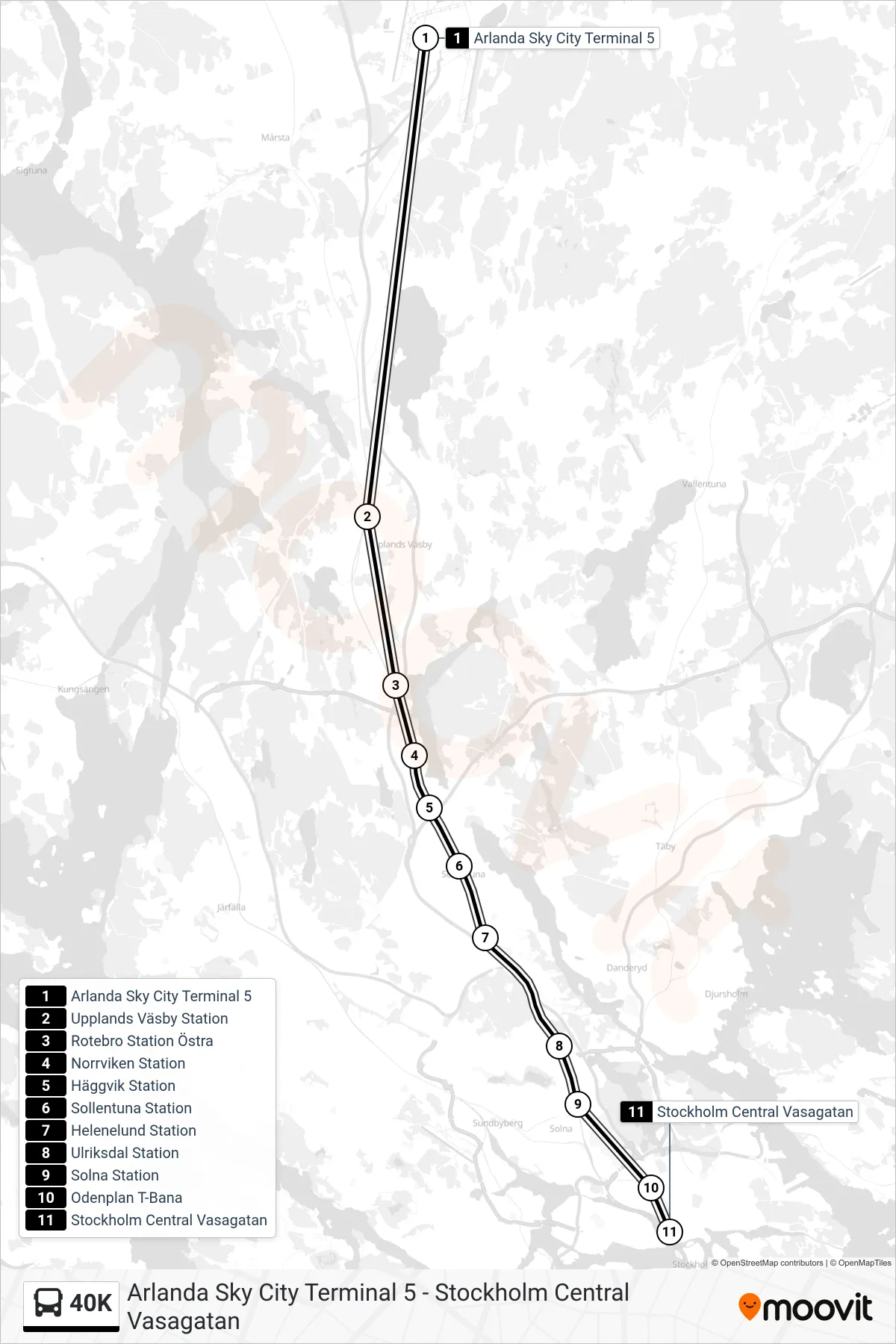 Rutt och hållplatser på karta för linje 40K buss, (Stockholm Central Vasagatan)