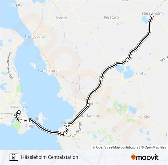 KÖPENHAMN H - HÄSSLEHOLM CENTRALSTATION tåg Linje karta