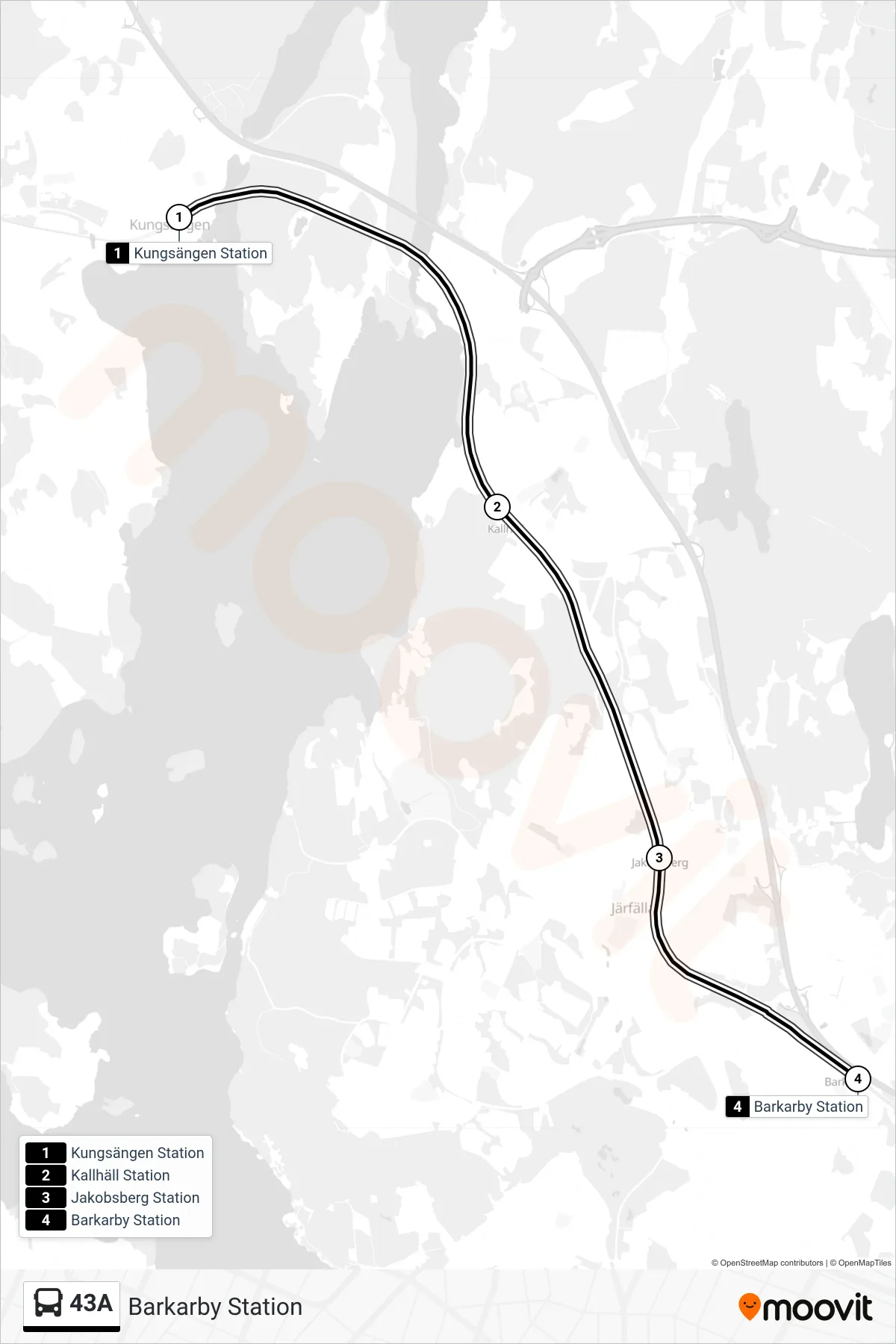 Rutt och hållplatser på karta för linje 43A buss, (Barkarby Station)