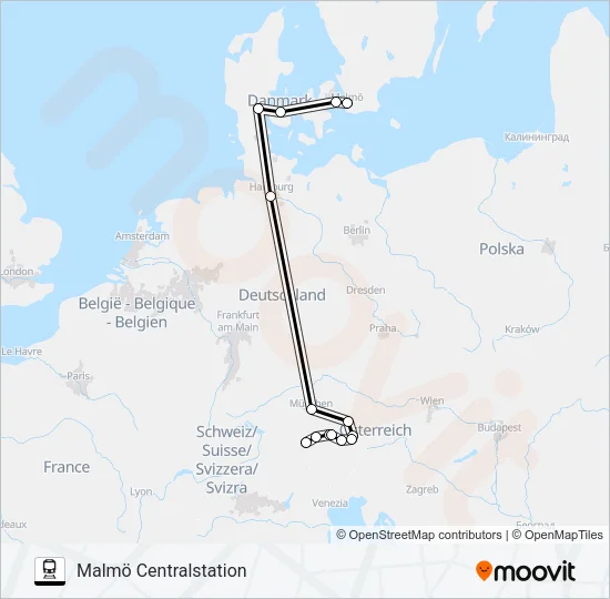 INNSBRUCK HBF - MALMÖ CENTRALSTATION Train Line Map