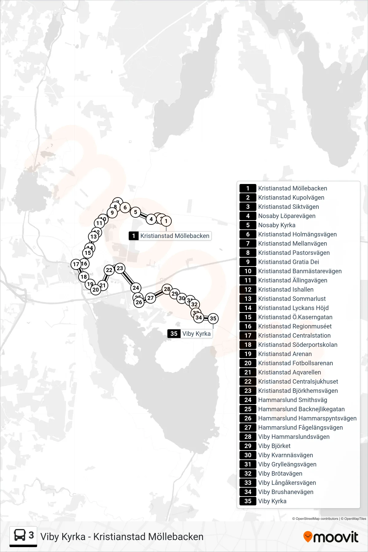 Rutt och hållplatser på karta för linje 3  spårvagn, (Viby Kyrka)