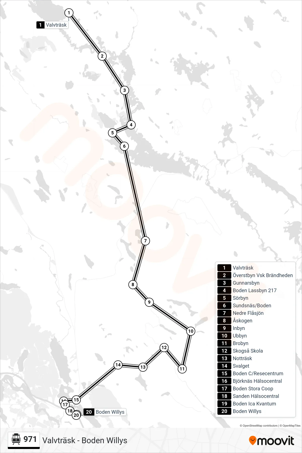 Rutt och hållplatser på karta för linje 971 spårvagn, (Boden Willys)