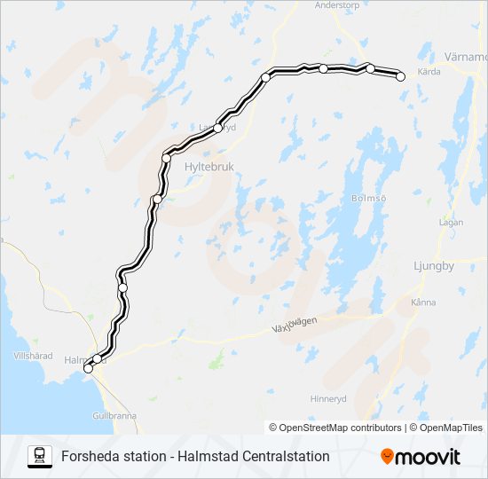 FORSHEDA STATION - HALMSTAD CENTRALSTATION tåg Linje karta