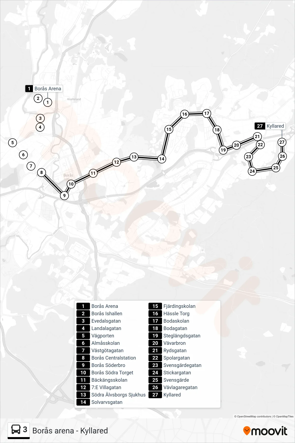 Rutt och hållplatser på karta för linje 3 spårvagn, (Kyllared)
