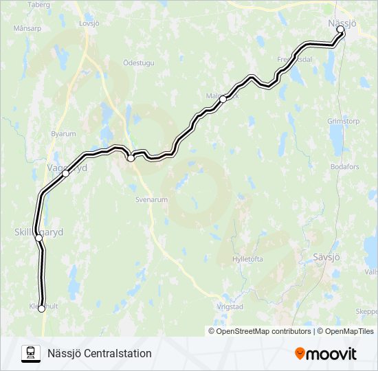 KLEVSHULT STATION - NÄSSJÖ CENTRALSTATION tåg Linje karta
