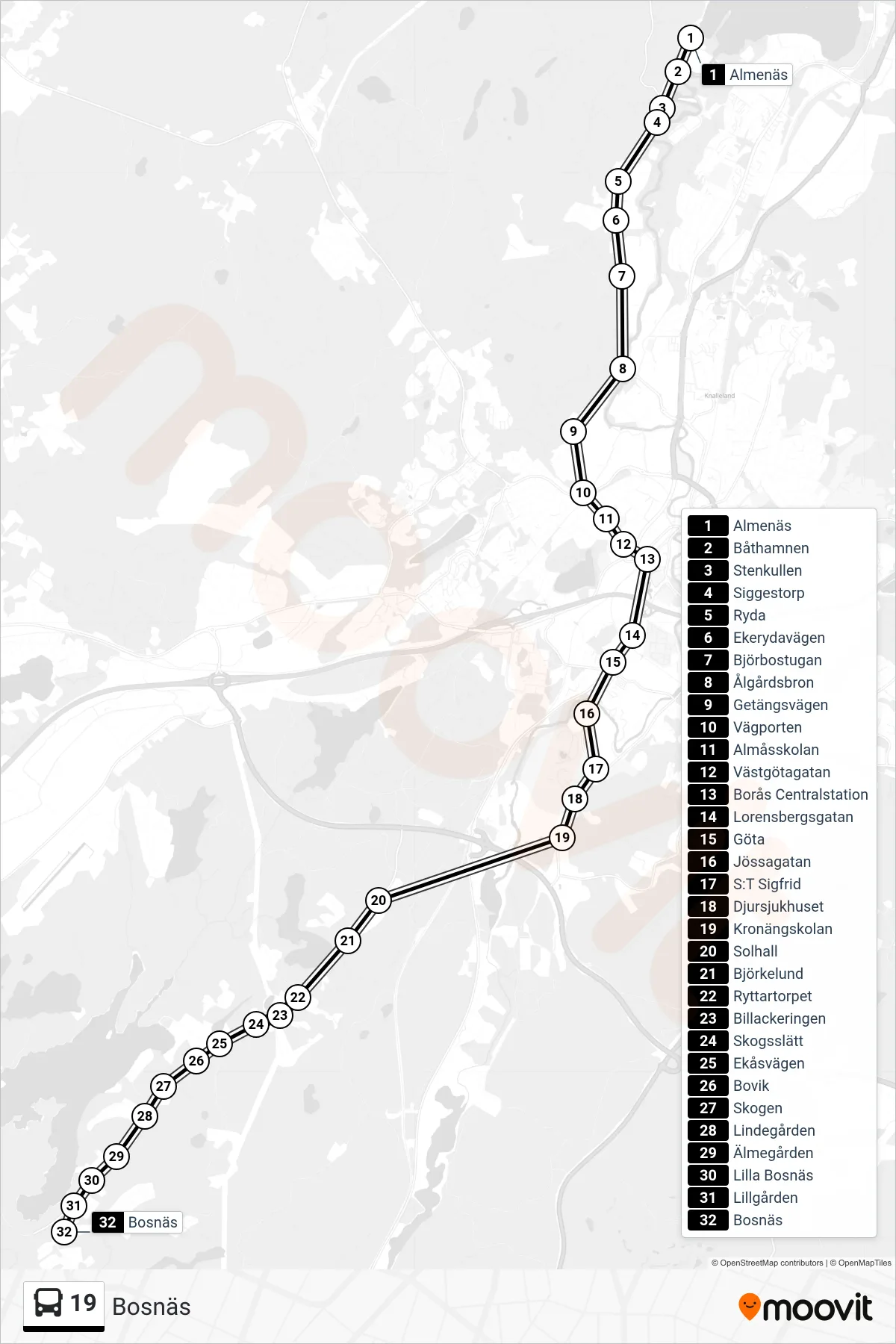 Rutt och hållplatser på karta för linje 19 spårvagn, (Bosnäs)