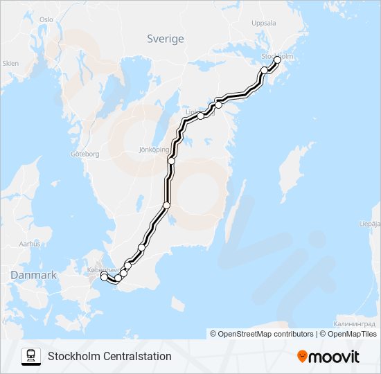 KÖPENHAMN H - STOCKHOLM CENTRALSTATION tåg Linje karta