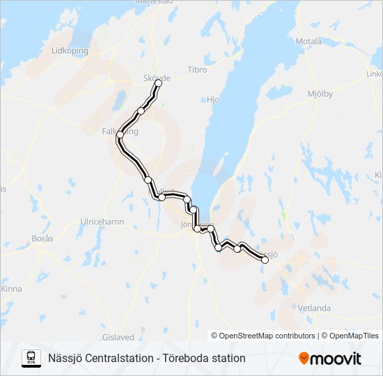 NÄSSJÖ CENTRALSTATION - TÖREBODA STATION tåg Linje karta