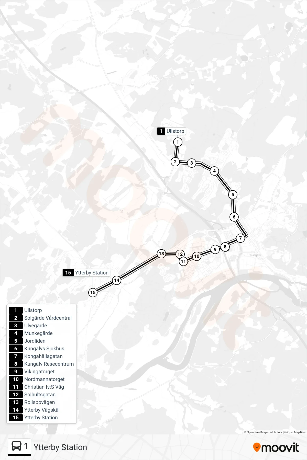 Rutt och hållplatser på karta för linje 1 spårvagn, (Ytterby Station)