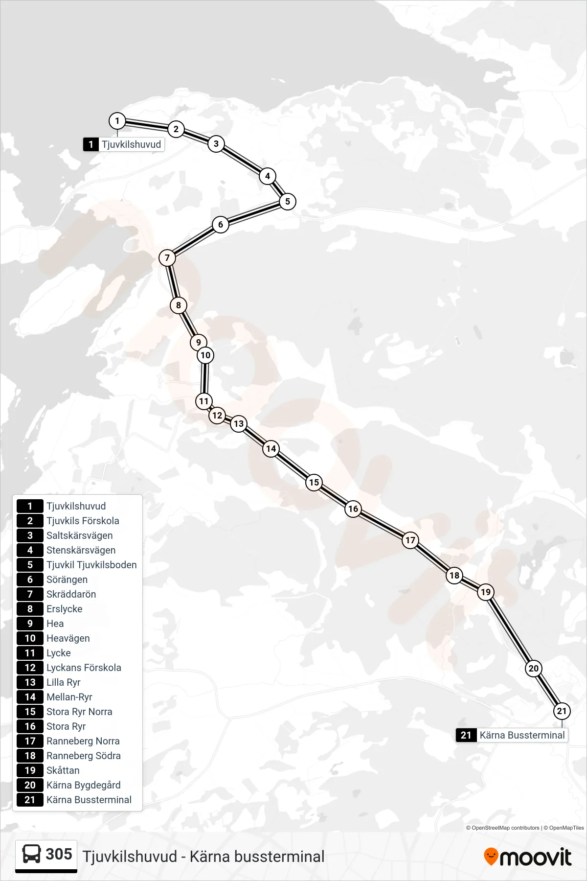 Rutt och hållplatser på karta för linje 305 spårvagn, (Kärna Bussterminal)