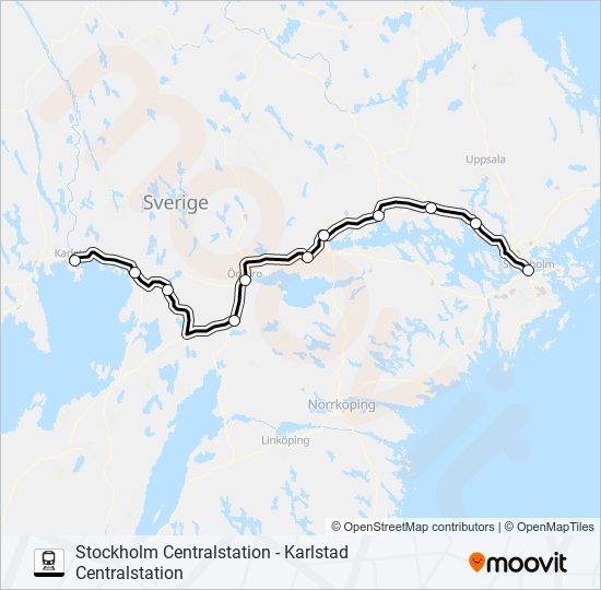 STOCKHOLM CENTRALSTATION - KARLSTAD CENTRALSTATION tåg Linje karta