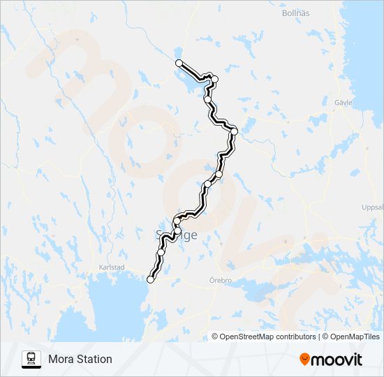 KRISTINEHAMN STATION - MORA STATION tåg Linje karta