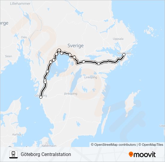 STOCKHOLM CENTRALSTATION - GÖTEBORG CENTRALSTATION tåg Linje karta
