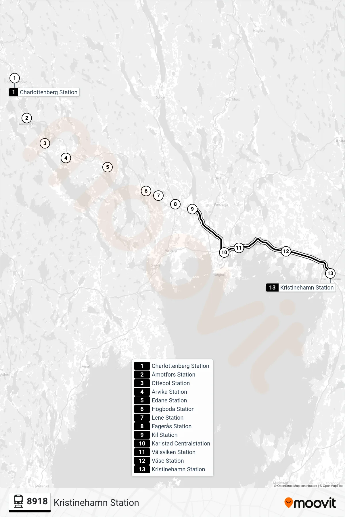Rutt och hållplatser på karta för linje 8918 spårvagn, (Kristinehamn Station)