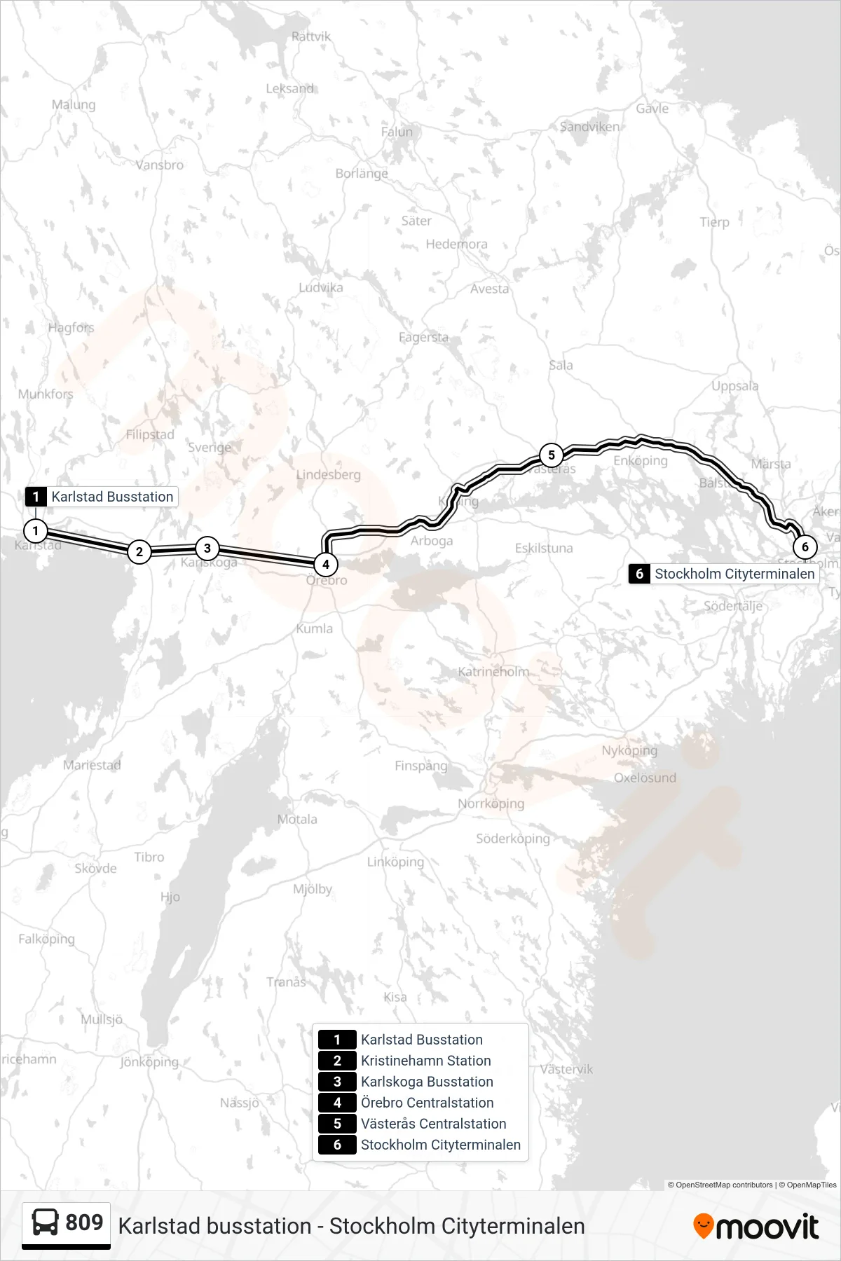 Rutt och hållplatser på karta för linje 809 spårvagn, (Stockholm Cityterminalen)