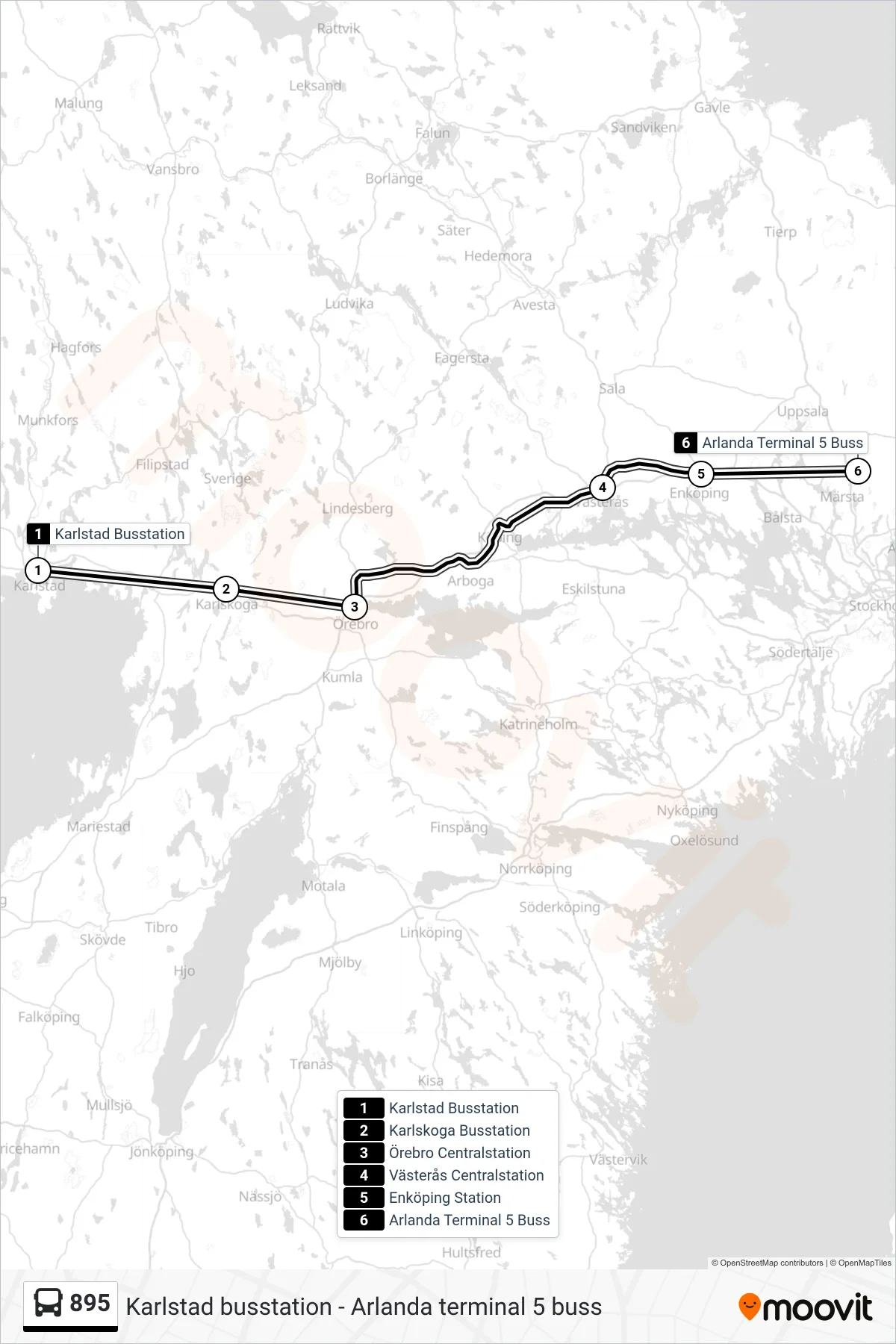 Rutt och hållplatser på karta för linje 895 spårvagn, (Arlanda Terminal 5 Buss)