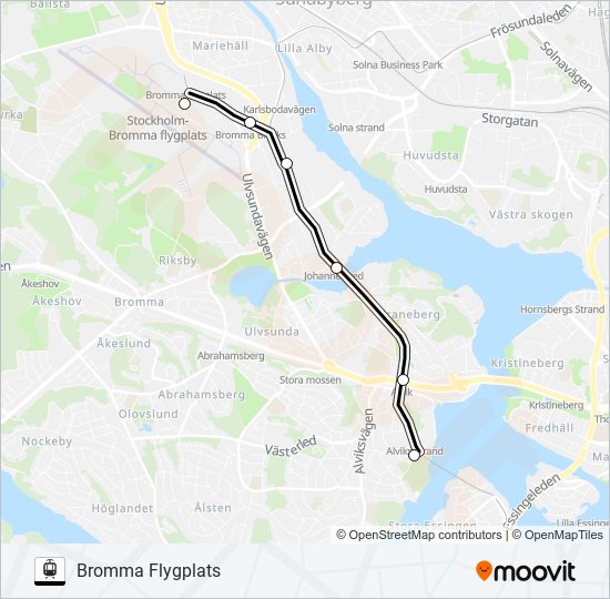 STOCKHOLM STORA ESSINGEN - BROMMA FLYGPLATS spårväg Linje karta