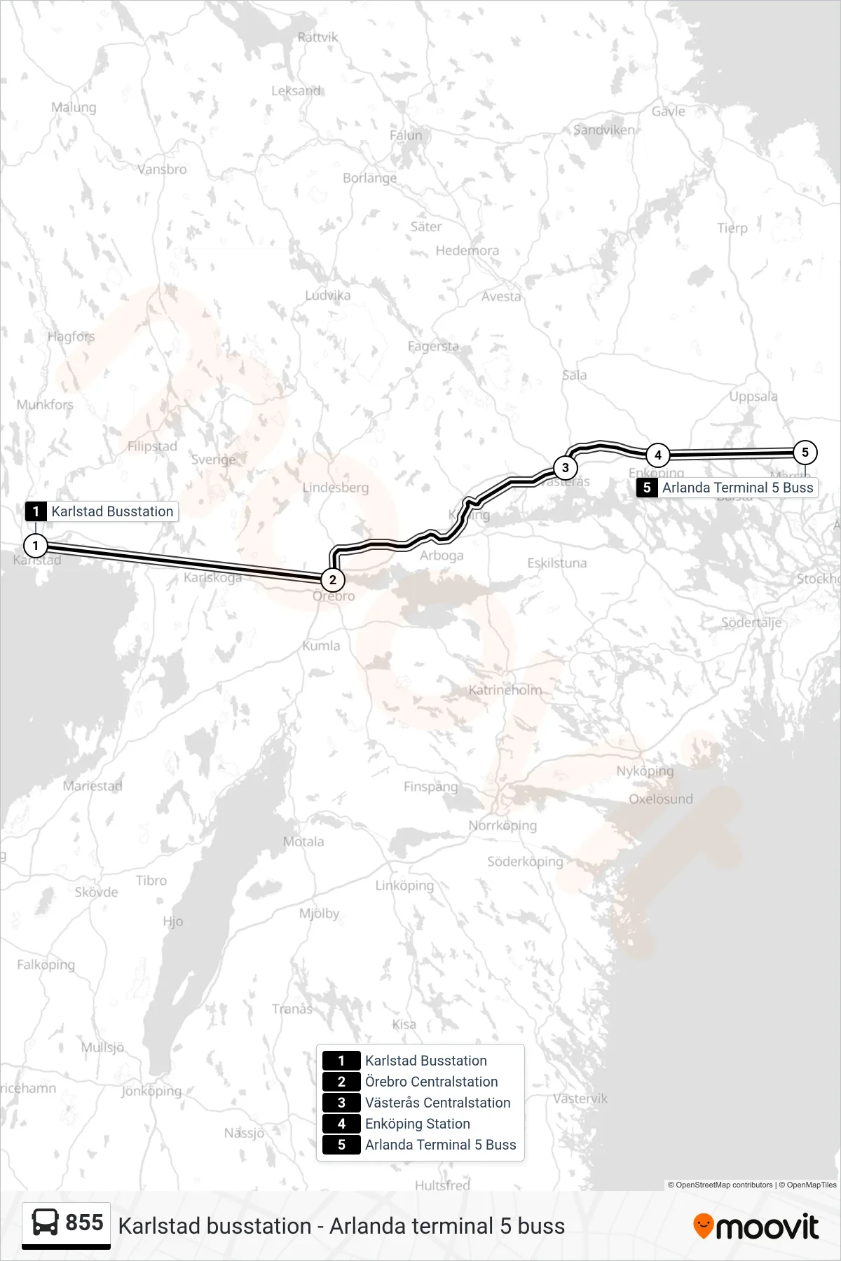 Rutt och hållplatser på karta för linje 855 spårvagn, (Arlanda Terminal 5 Buss)