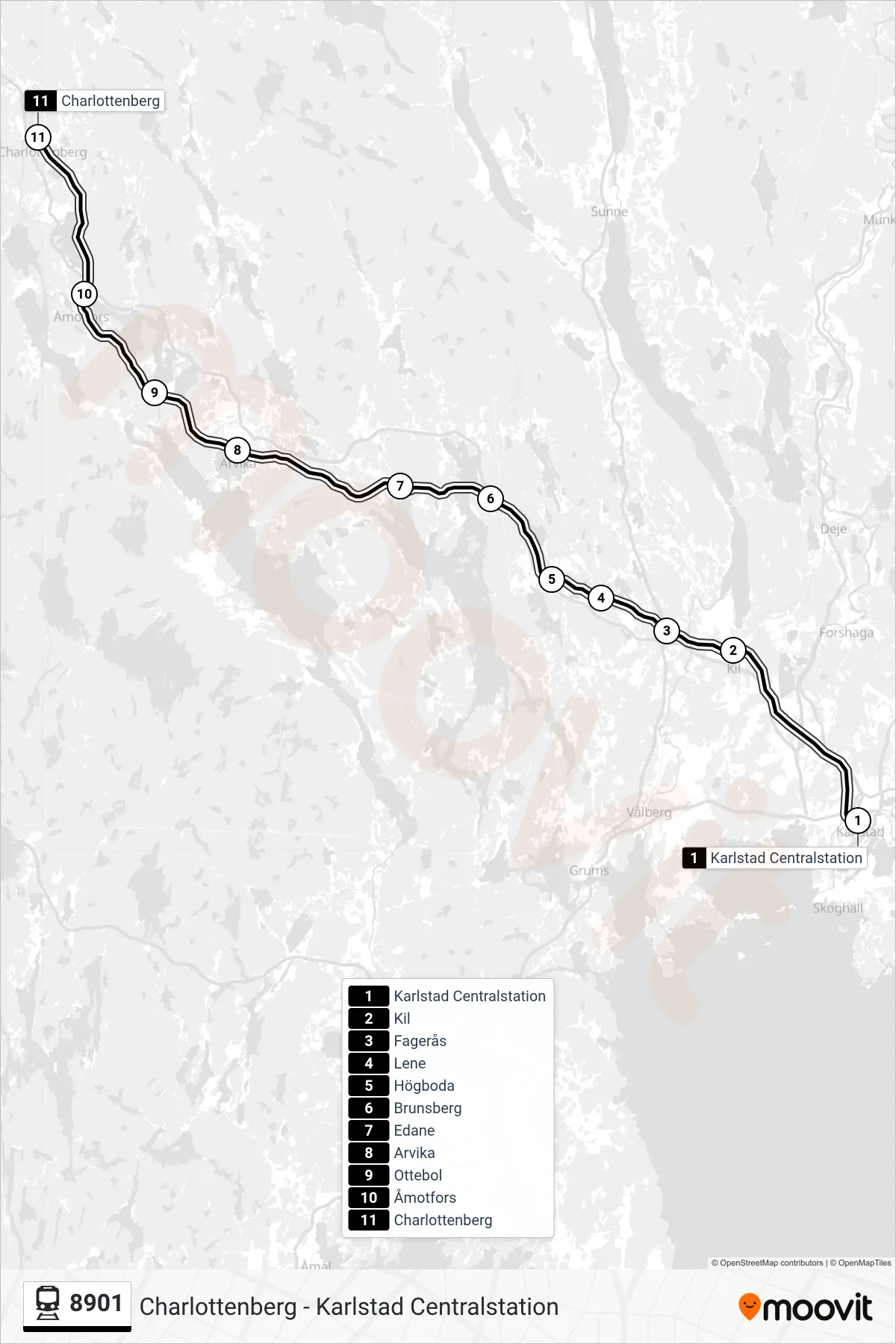 Rutt och hållplatser på karta för linje 8901 tåg, (Charlottenberg Station)