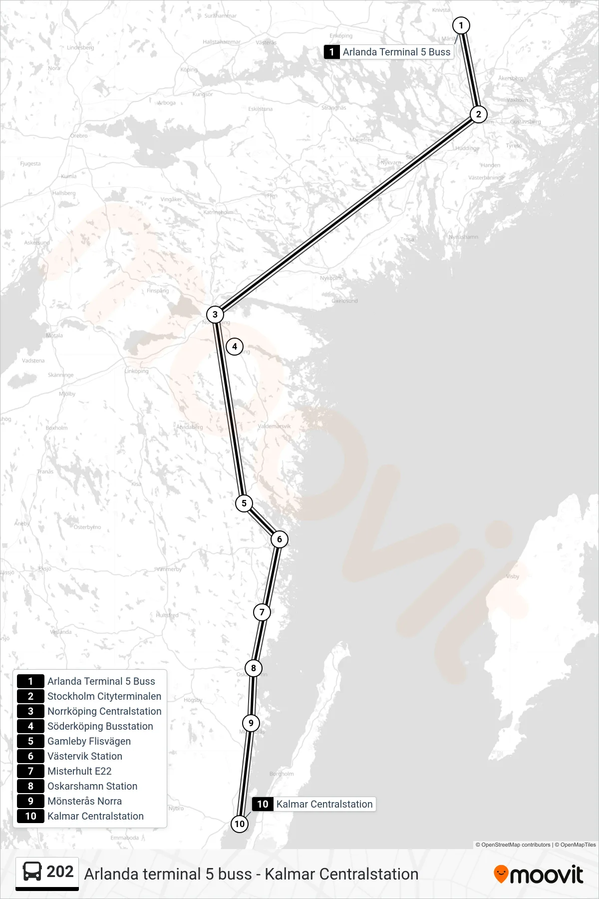 Rutt och hållplatser på karta för linje 202 spårvagn, (Kalmar Centralstation)