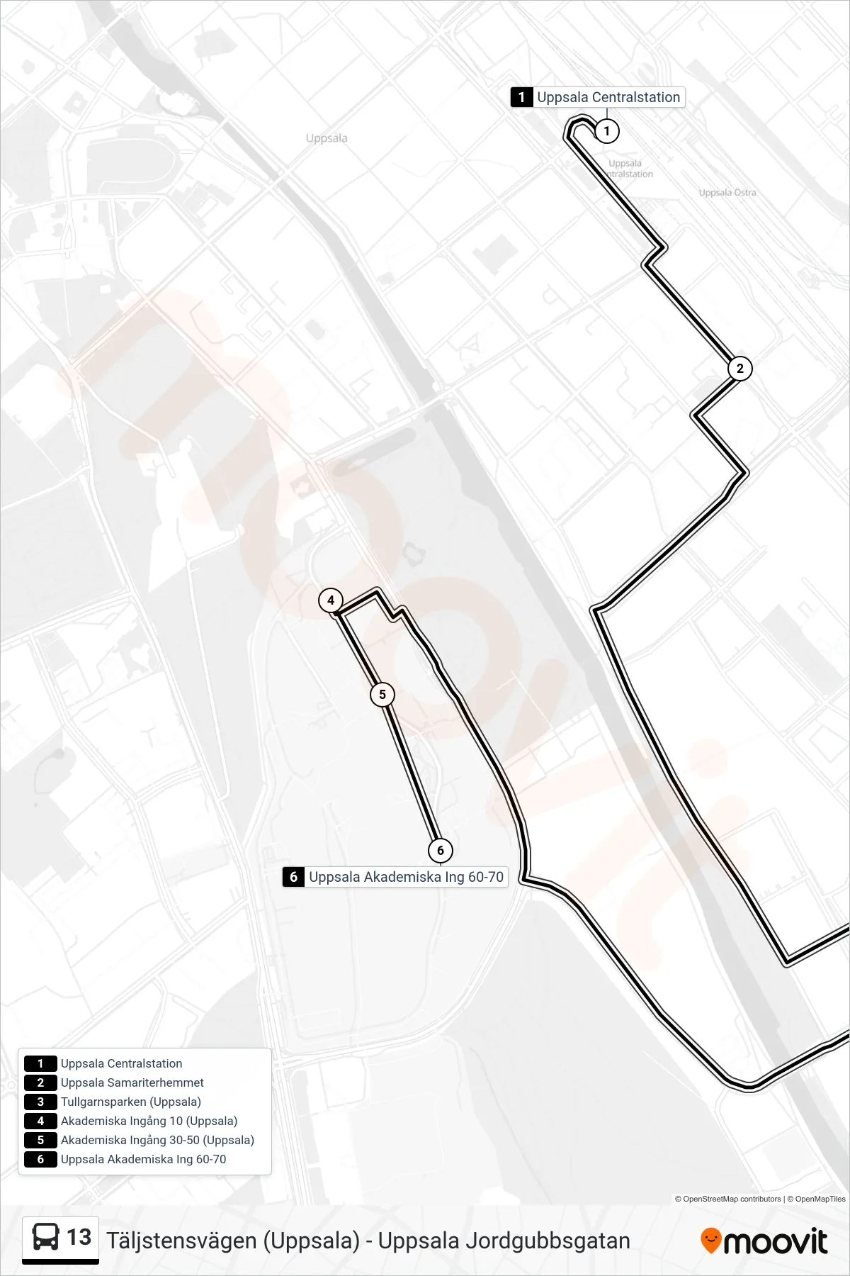Rutt och hållplatser på karta för linje 13 spårvagn, (Uppsala Akademiska Ing 60-70)