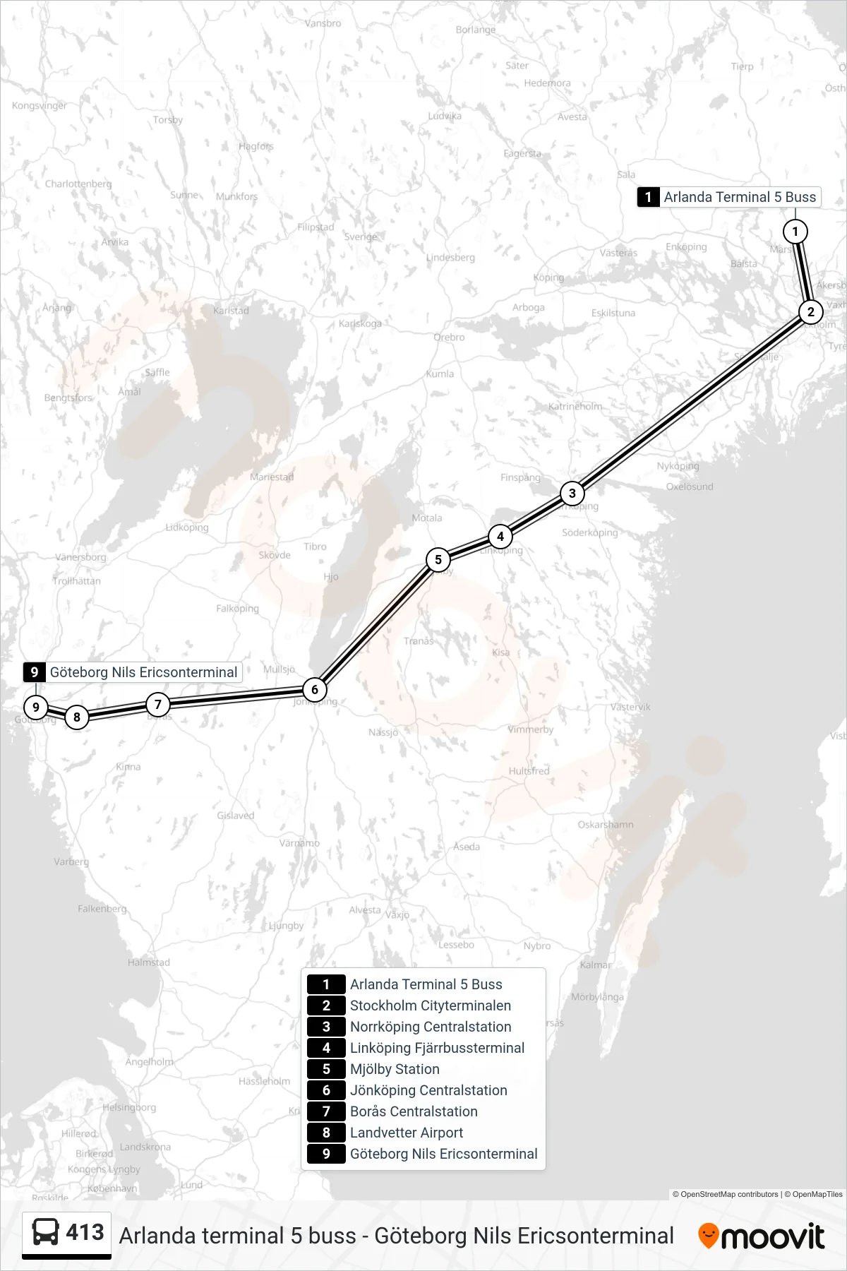 Rutt och hållplatser på karta för linje 413  spårvagn, (Göteborg Nils Ericsonterminal)