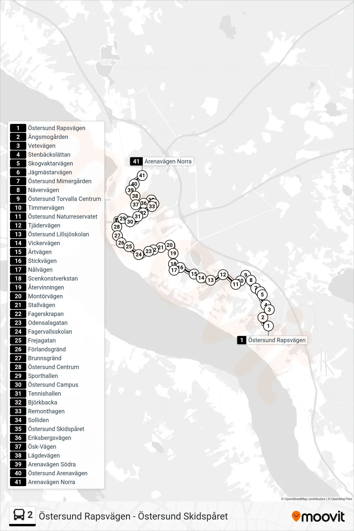 Rutt och hållplatser på karta för linje 2 buss, (Arenavägen Norra)