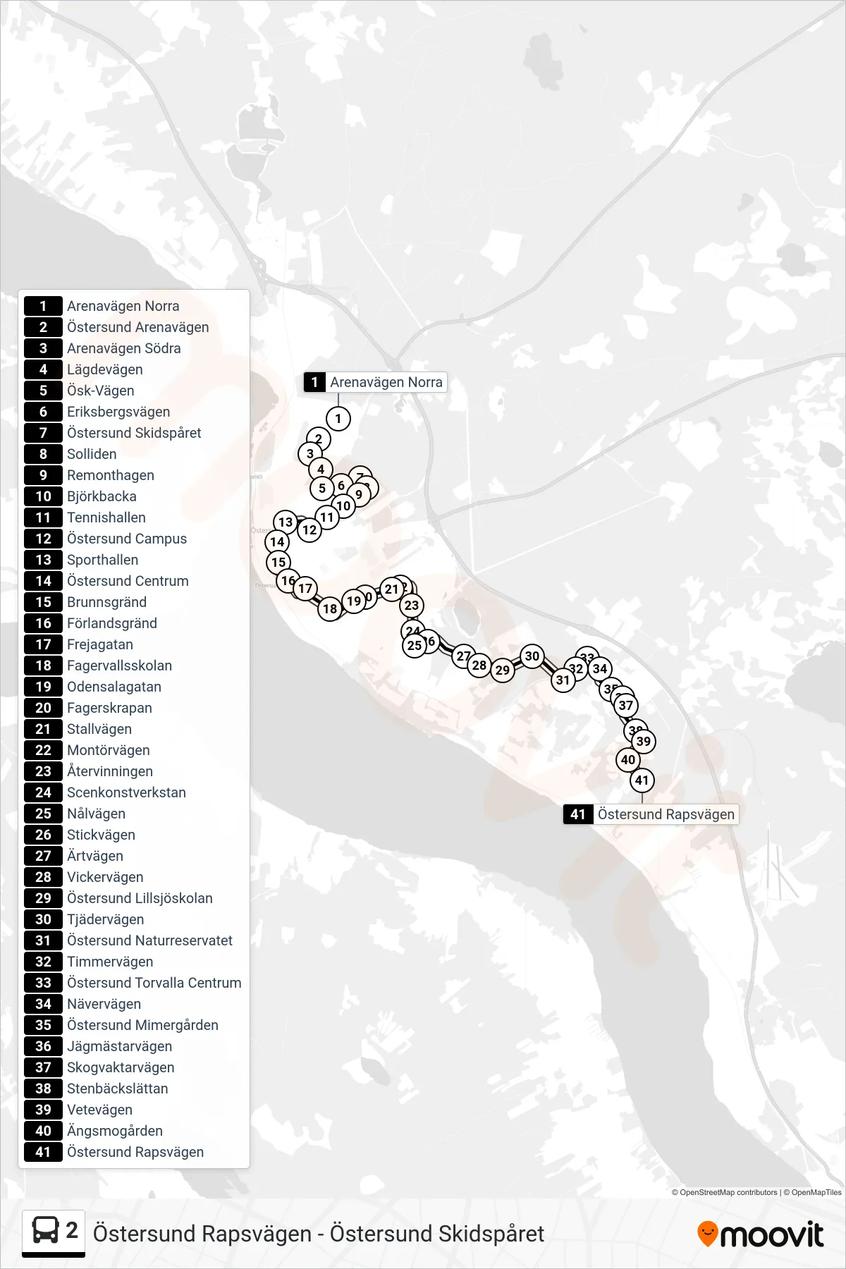Rutt och hållplatser på karta för linje 2 buss, (Östersund Rapsvägen)
