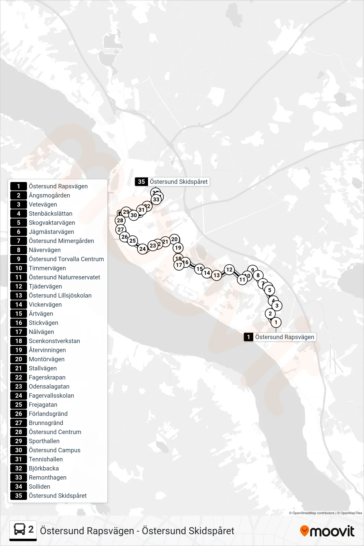 Rutt och hållplatser på karta för linje 2 buss, (Östersund Skidspåret)
