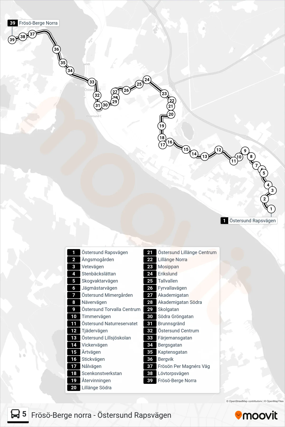 Rutt och hållplatser på karta för linje 5 buss, (Frösö-Berge Norra)