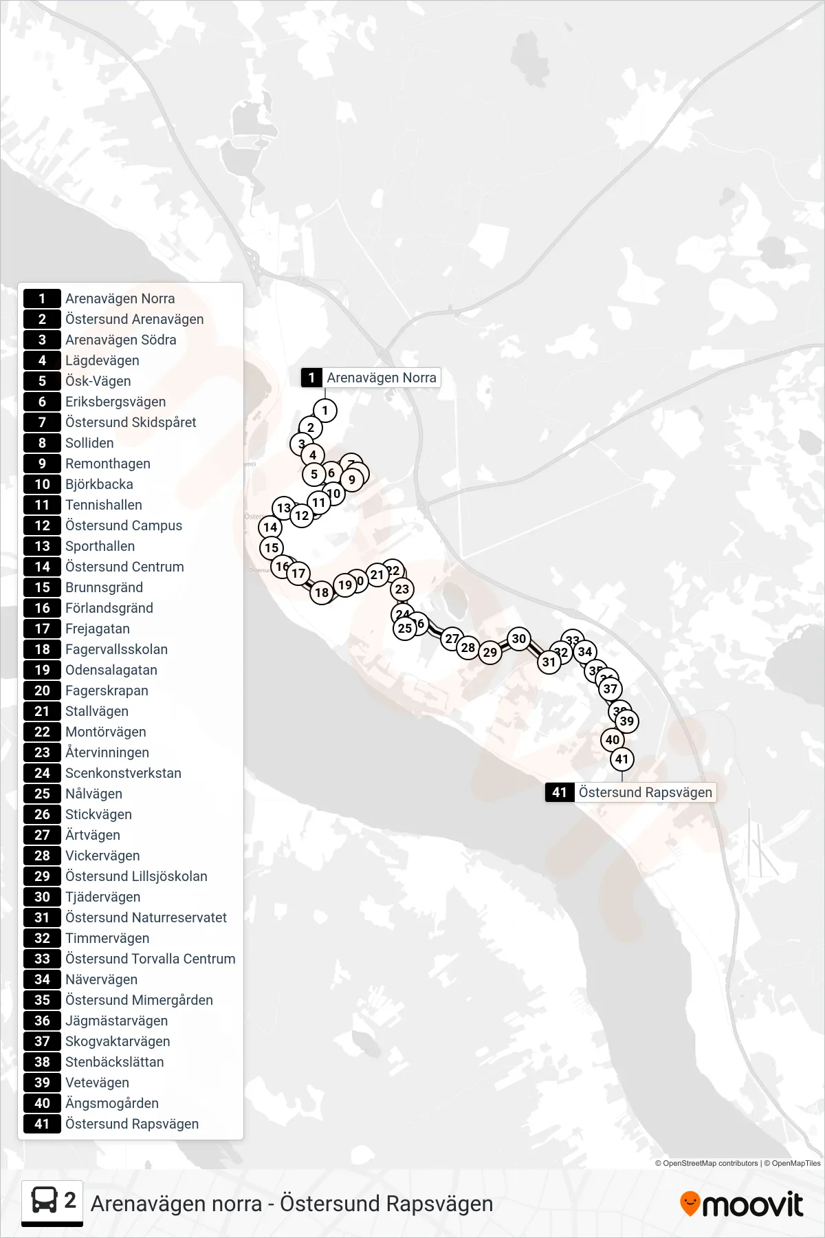 Rutt och hållplatser på karta för linje 2  spårvagn, (Östersund Rapsvägen)