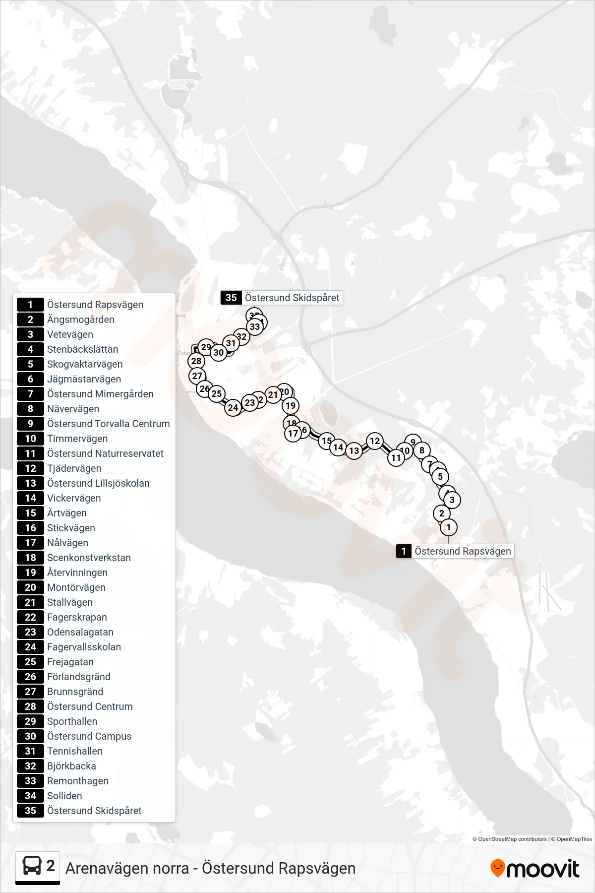 Rutt och hållplatser på karta för linje 2 spårvagn, (Östersund Skidspåret)