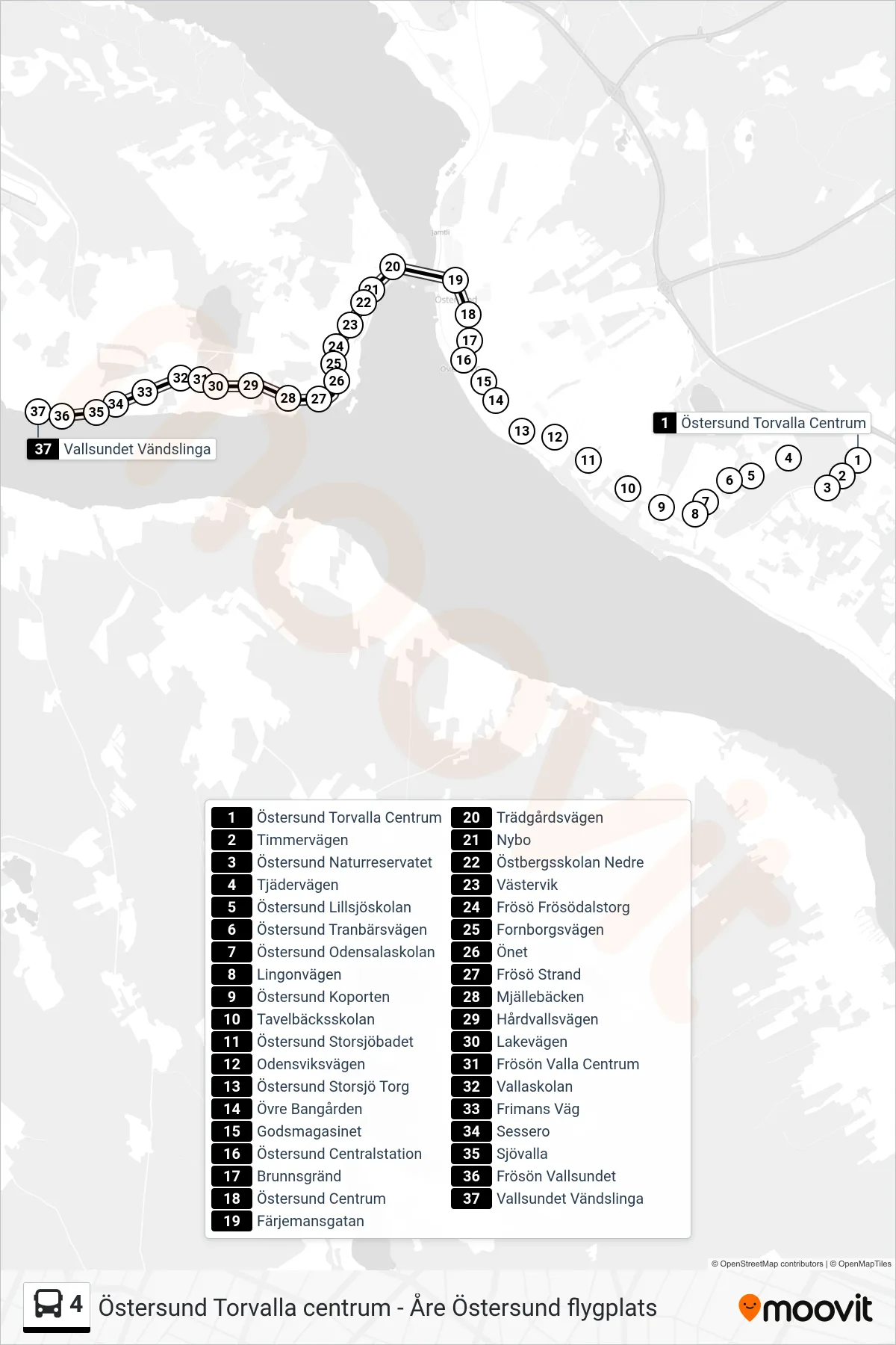 Rutt och hållplatser på karta för linje 4 spårvagn, (Vallsundet Vändslinga)
