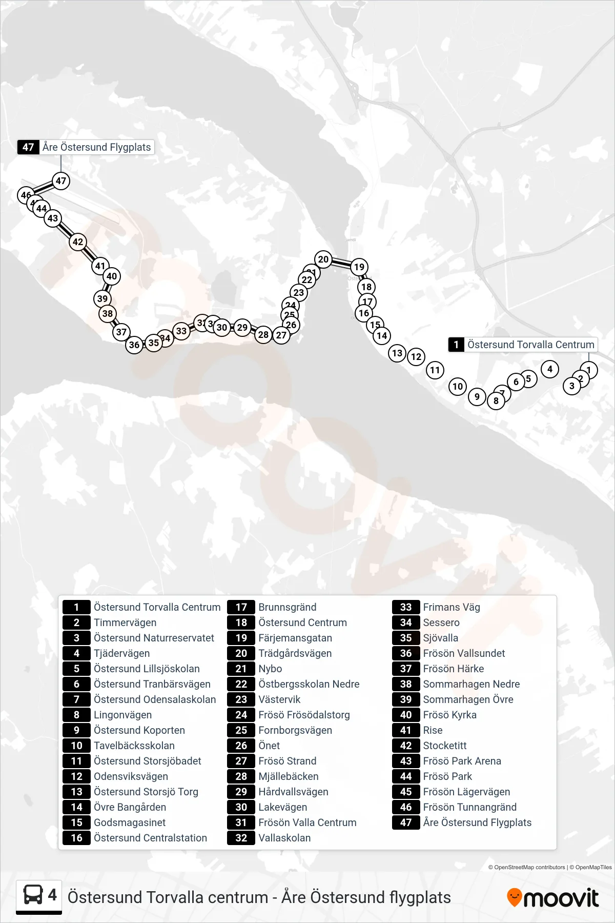 Rutt och hållplatser på karta för linje 4  spårvagn, (Åre Östersund Flygplats)