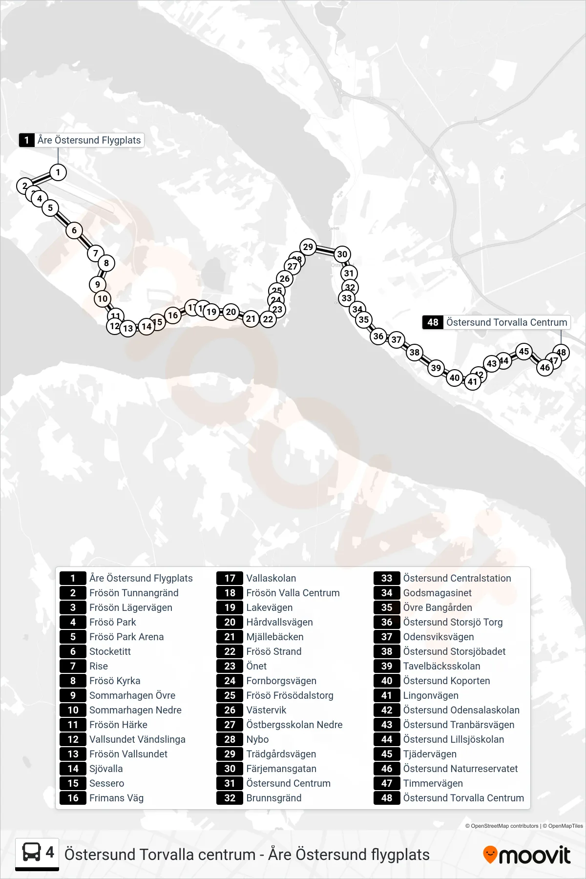 Rutt och hållplatser på karta för linje 4  spårvagn, (Östersund Torvalla Centrum)