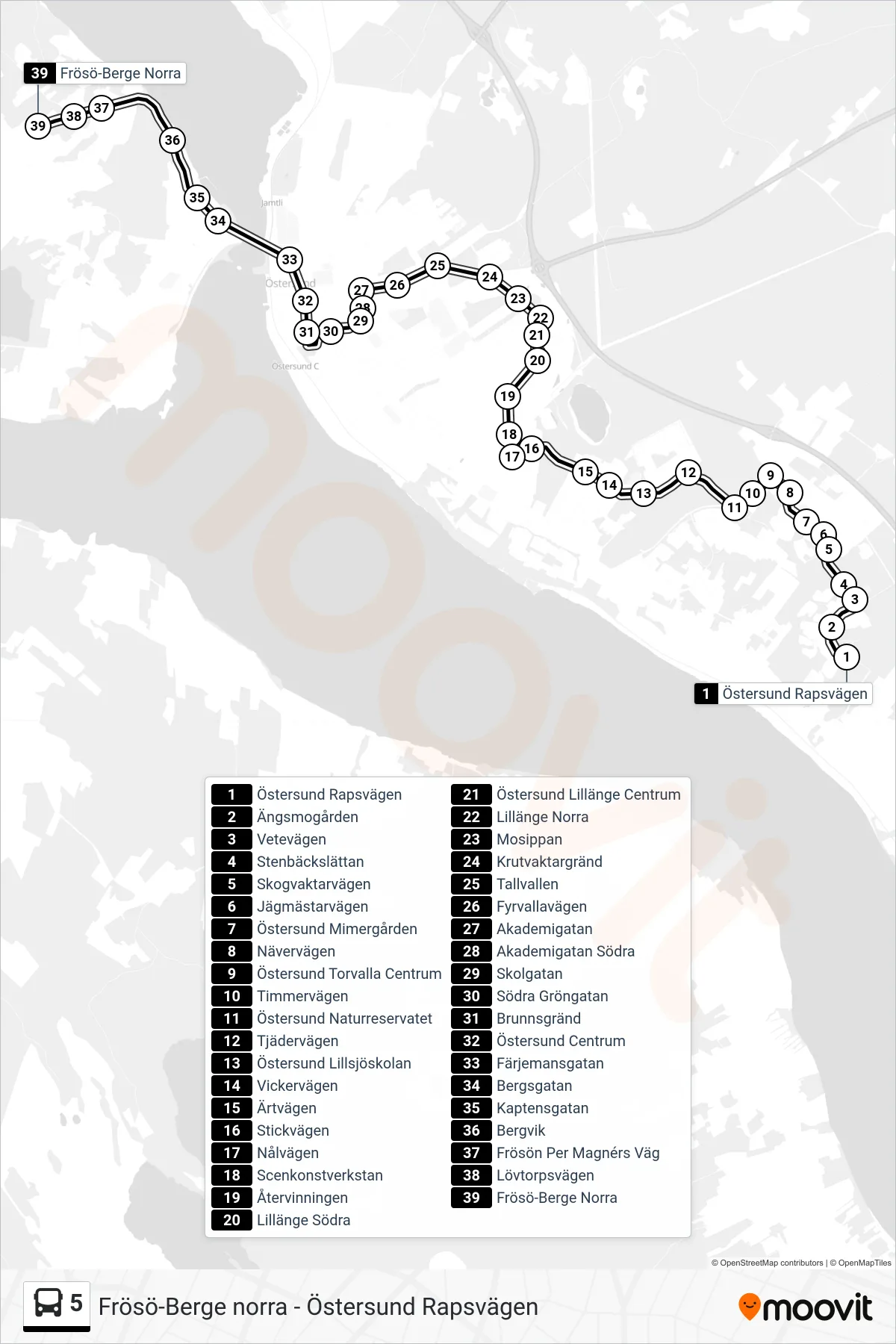 Rutt och hållplatser på karta för linje 5 spårvagn, (Frösö-Berge Norra)