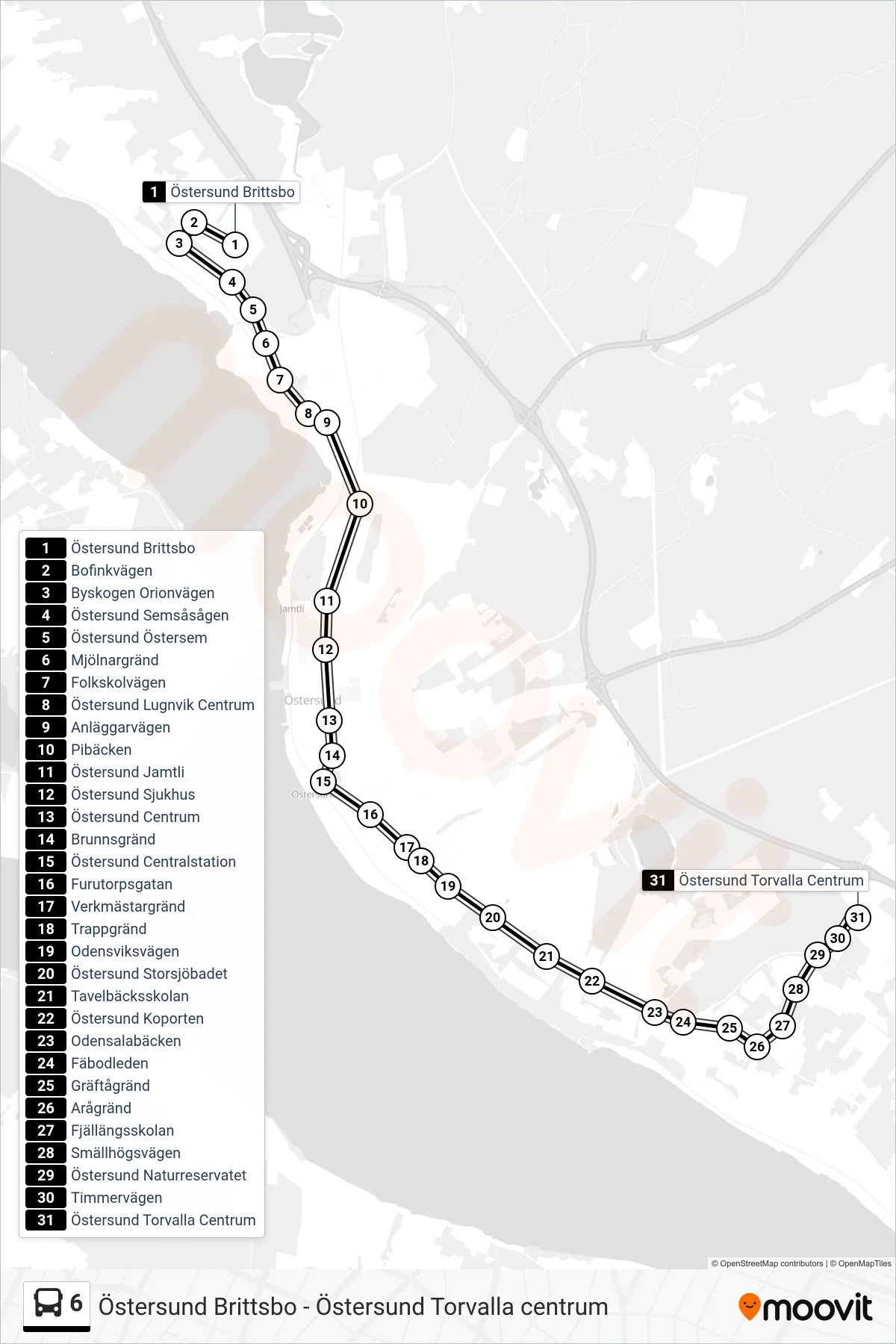 Rutt och hållplatser på karta för linje 6  spårvagn, (Östersund Torvalla Centrum)