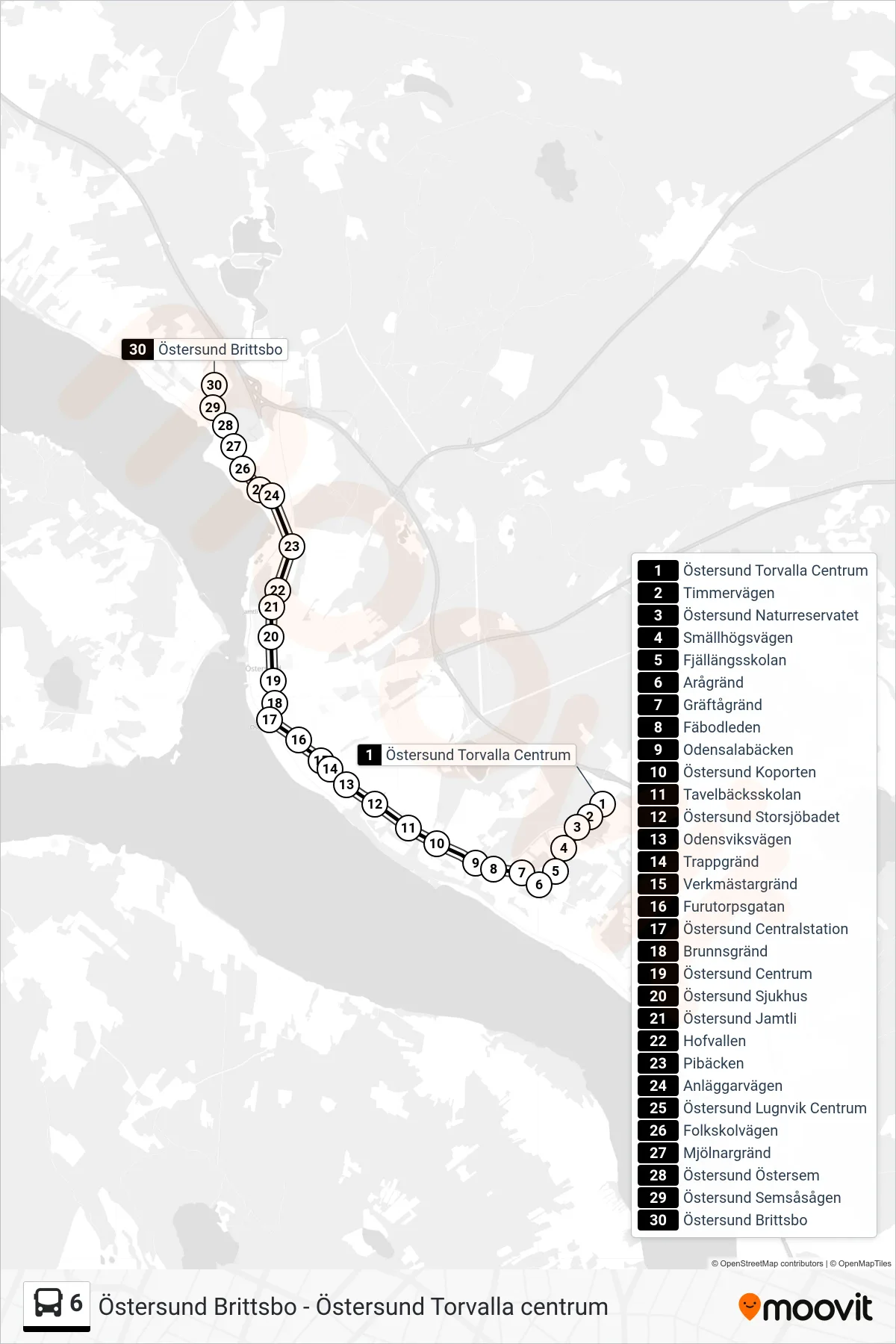 Rutt och hållplatser på karta för linje 6 spårvagn, (Östersund Brittsbo)