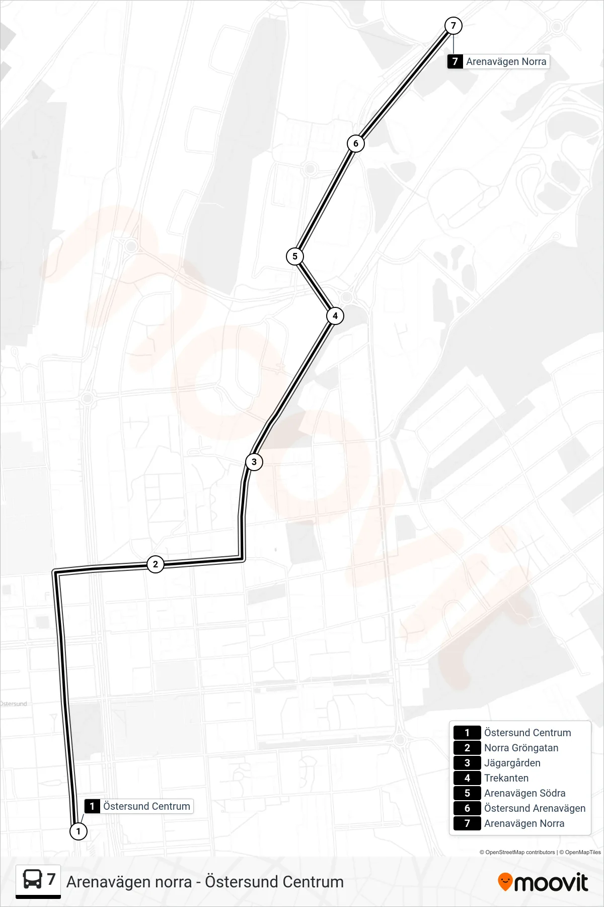 Rutt och hållplatser på karta för linje 7 spårvagn, (Arenavägen Norra)