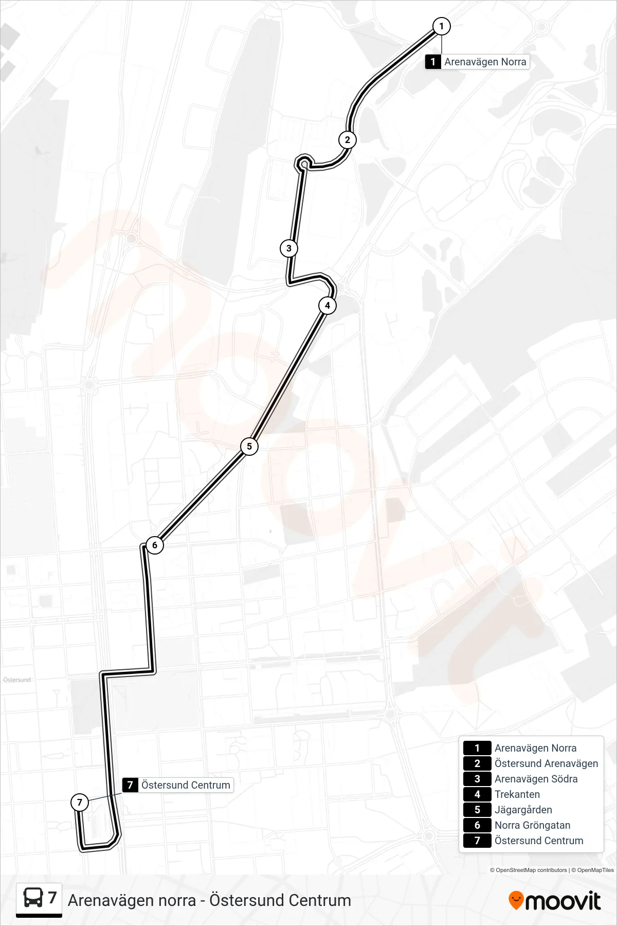 Rutt och hållplatser på karta för linje 7  spårvagn, (Östersund Centrum)