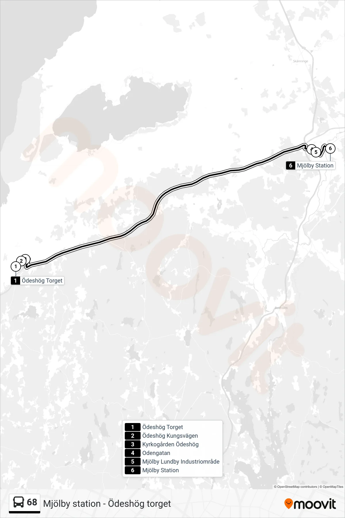 Rutt och hållplatser på karta för linje 68  spårvagn, (Mjölby Station)