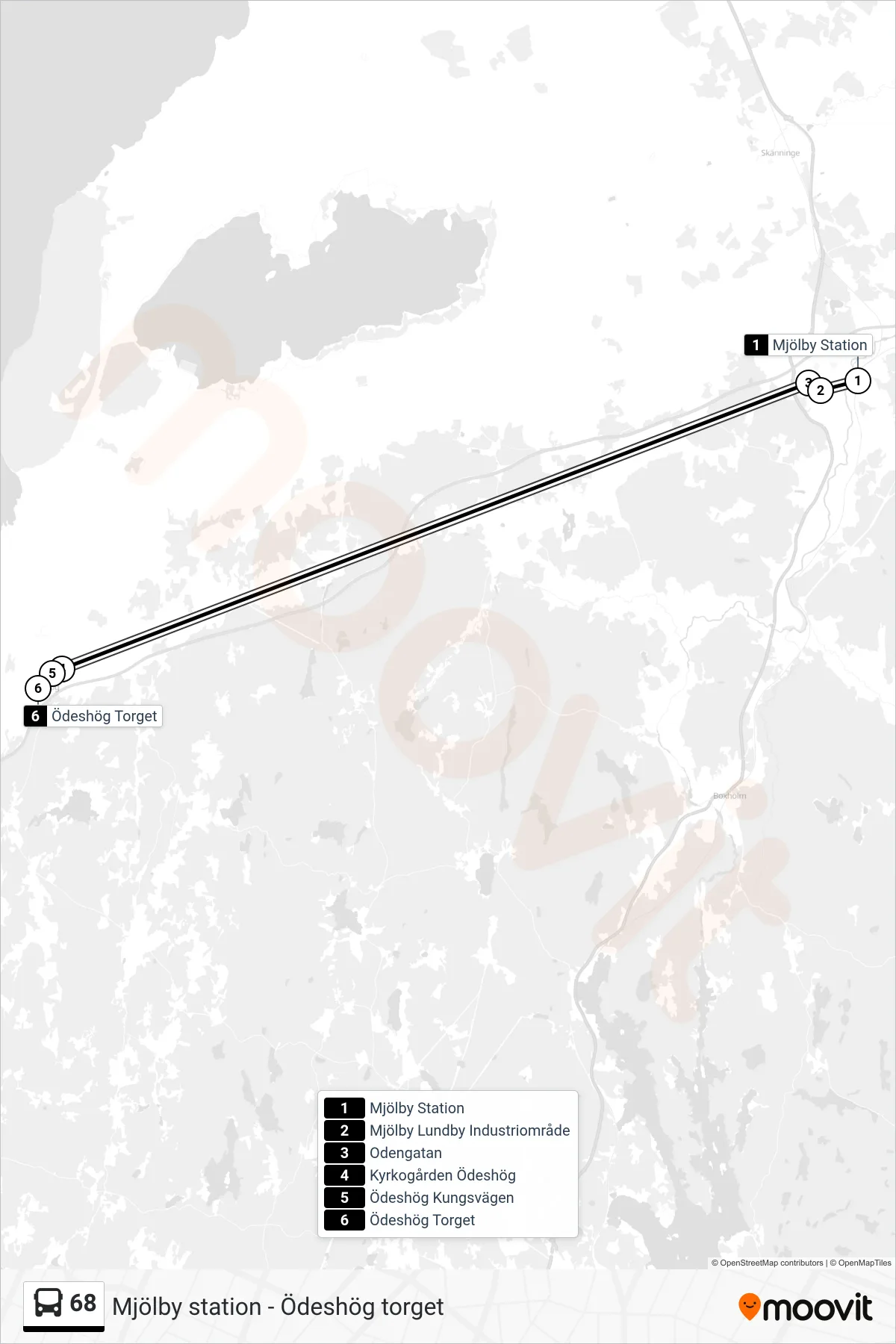 Rutt och hållplatser på karta för linje 68 spårvagn, (Ödeshög Torget)