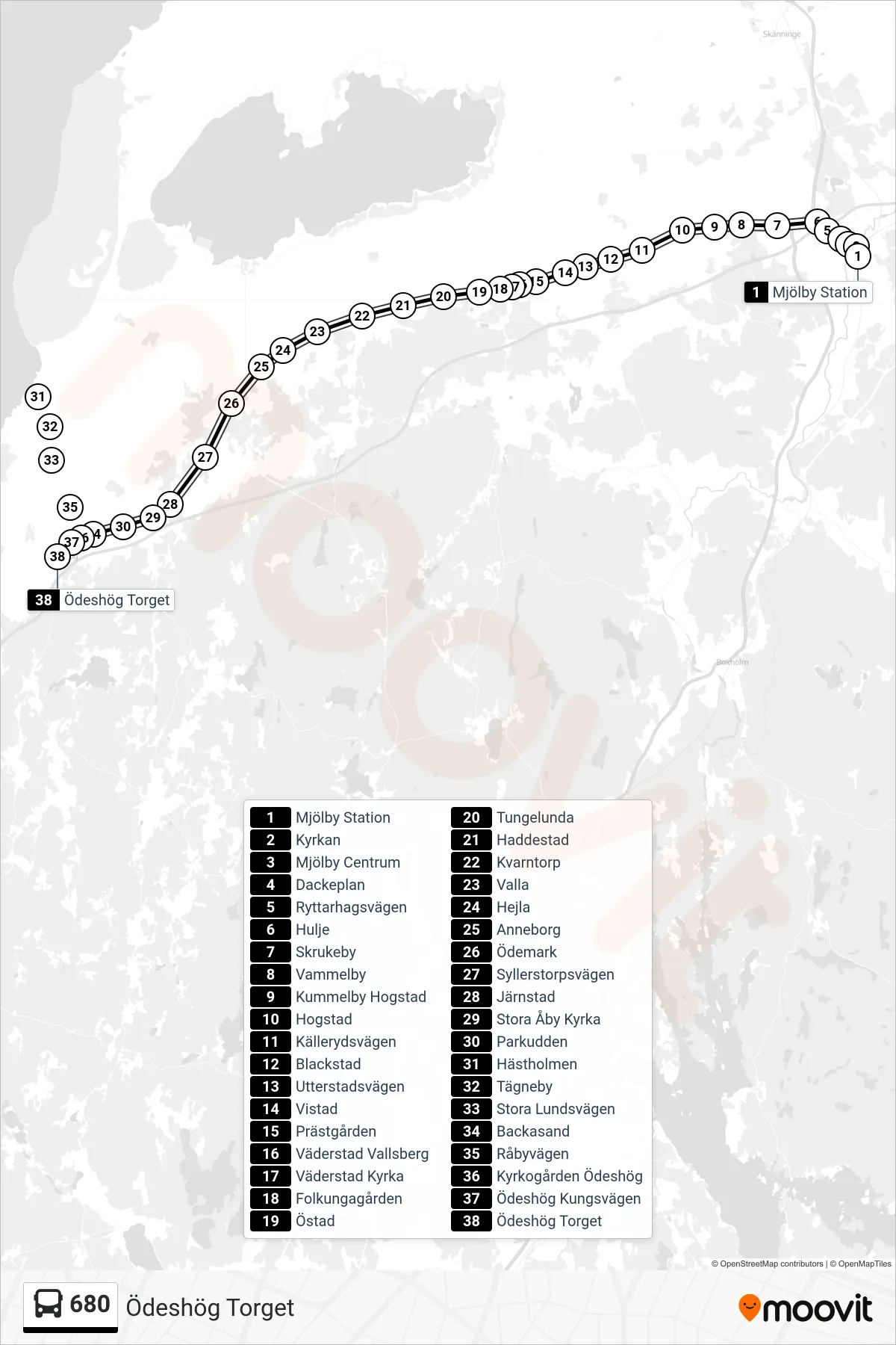 Rutt och hållplatser på karta för linje 680 spårvagn, (Ödeshög Torget)